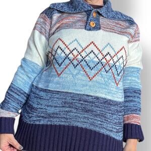 Vintage 70s Blue Fair Isle Argyle Knit Sweater Unisex Exaggerated Collar Medium